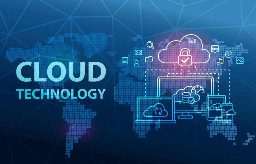 Mapa mundial de forma digital cubierta por la tecnología en la nube y computadoras que tienen su disaster recovery en ella