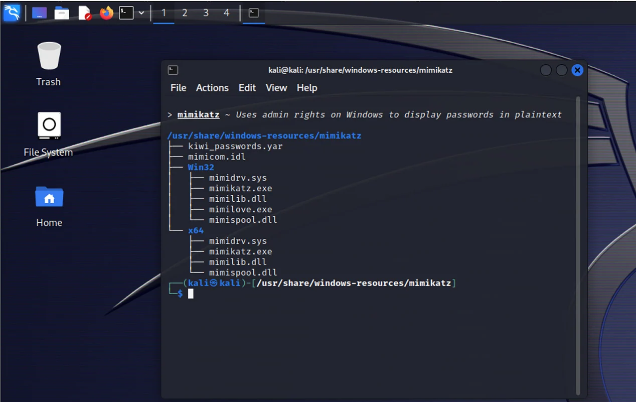 Mimikatz ejecutándose en Kali Linux