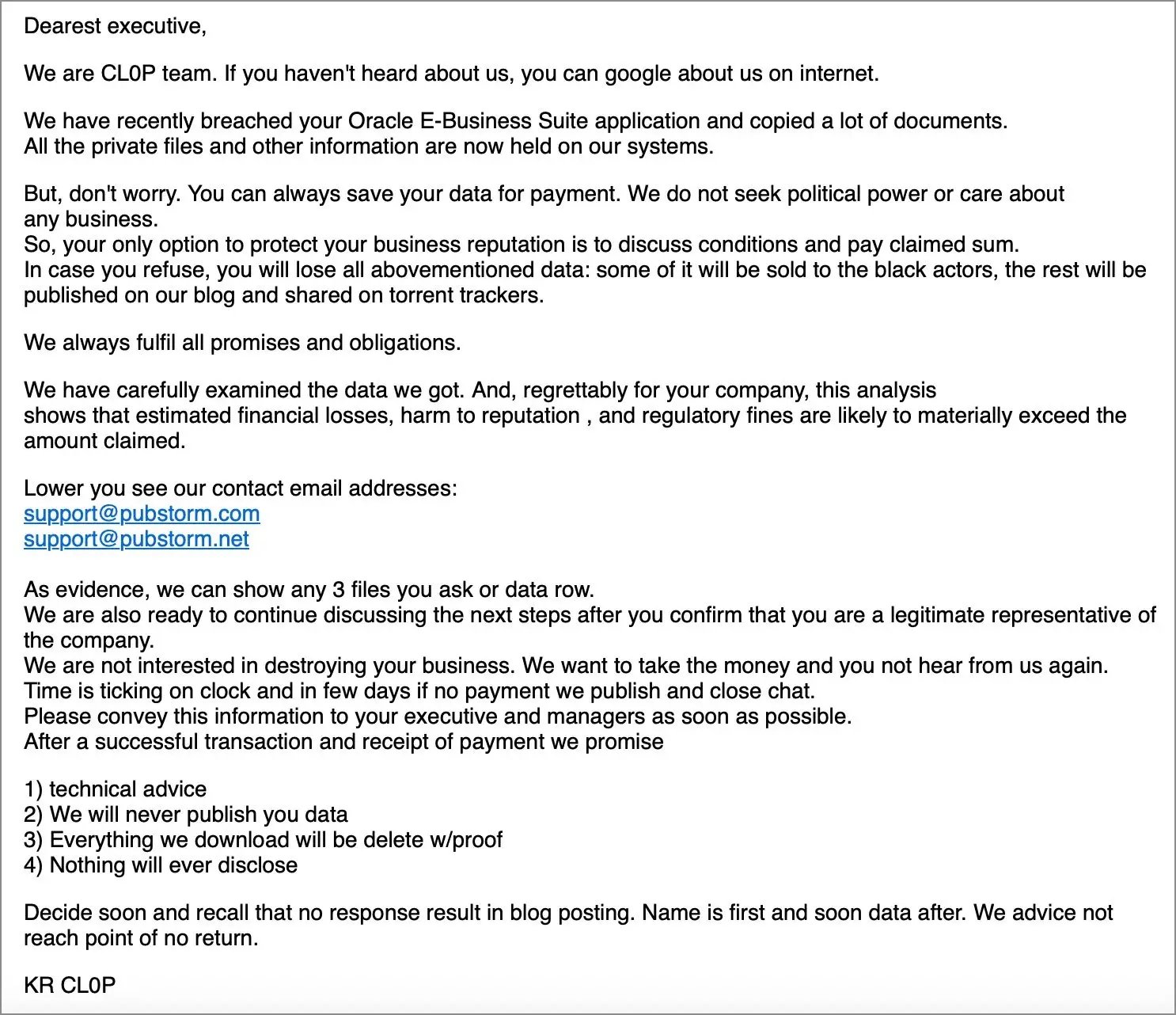 Correo de extorsión de Clop enviado a clientes de Oracle