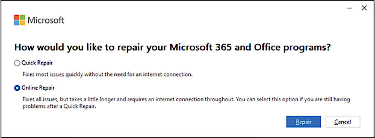 Microsoft 365 apps online repair dialog