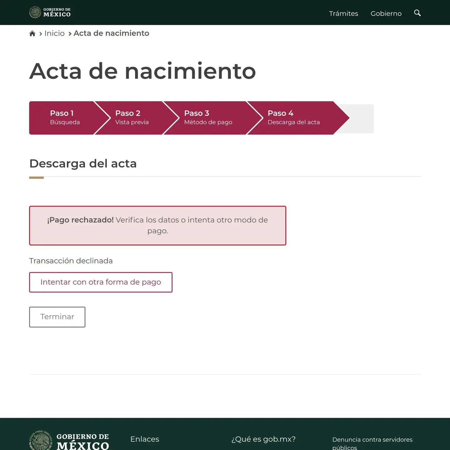 Pago rechazado