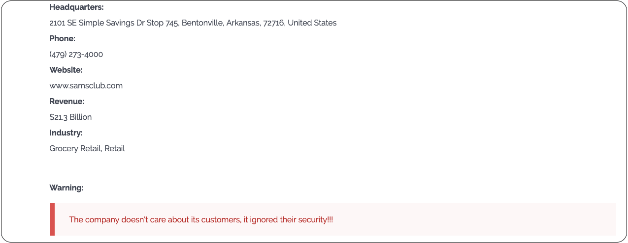 Sams Club entry on Clops site
