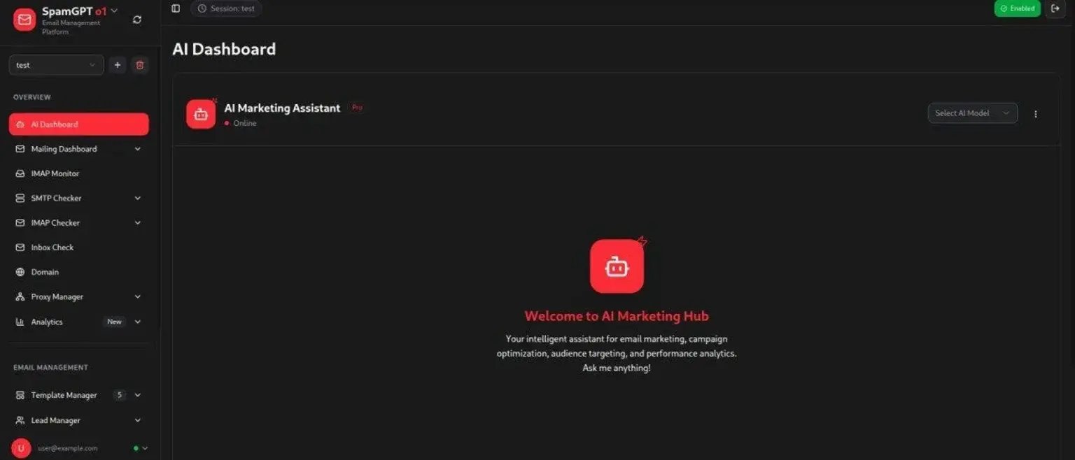 SpamGPT’s AI powered dashboard featuring an integrated AI