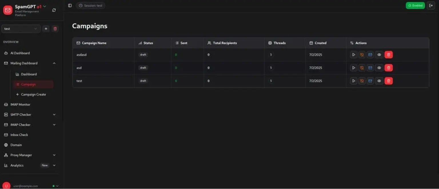 SpamGPT’s mailing dashboard with statistics