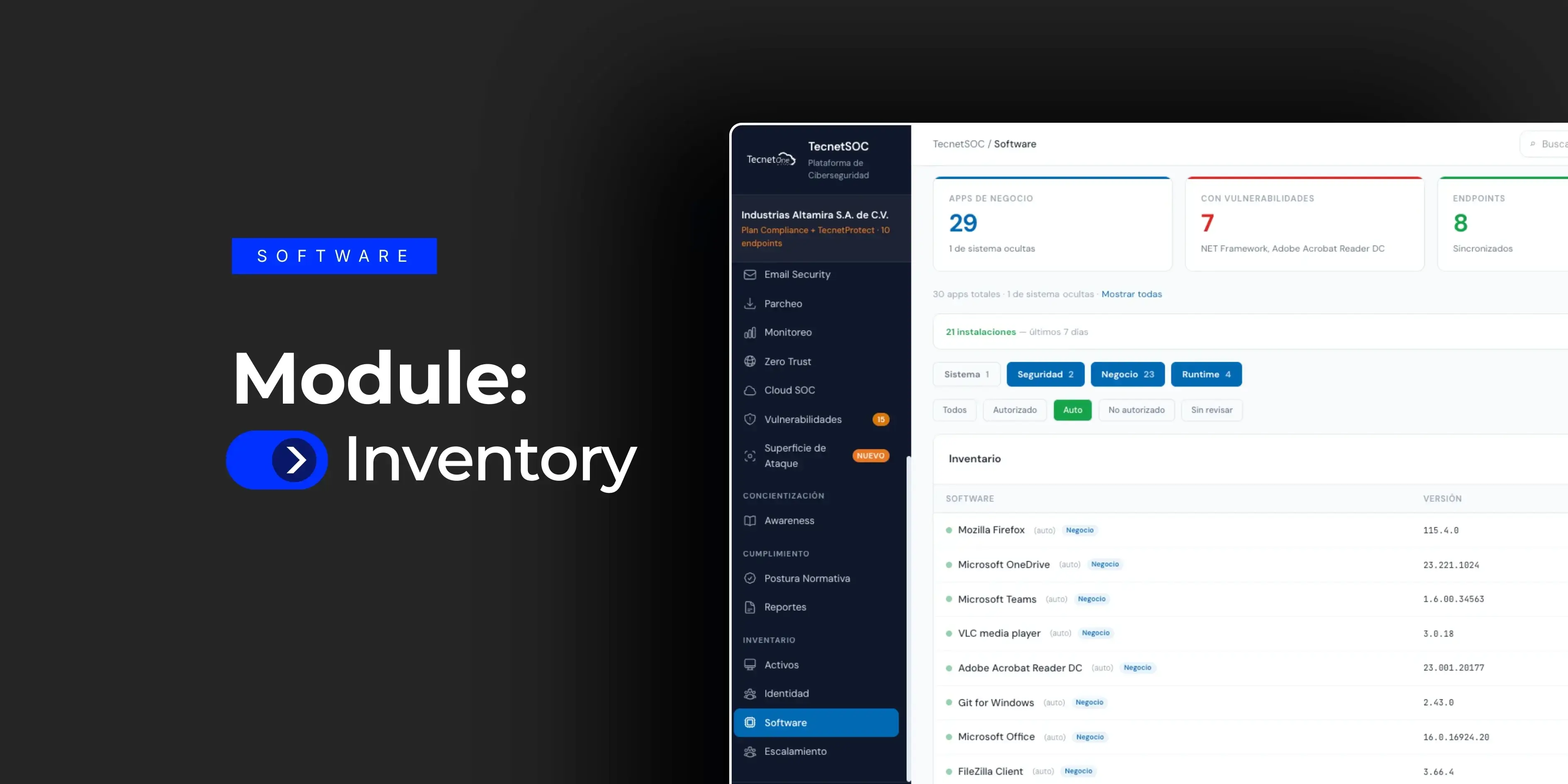 TecnetSOC software inventory module