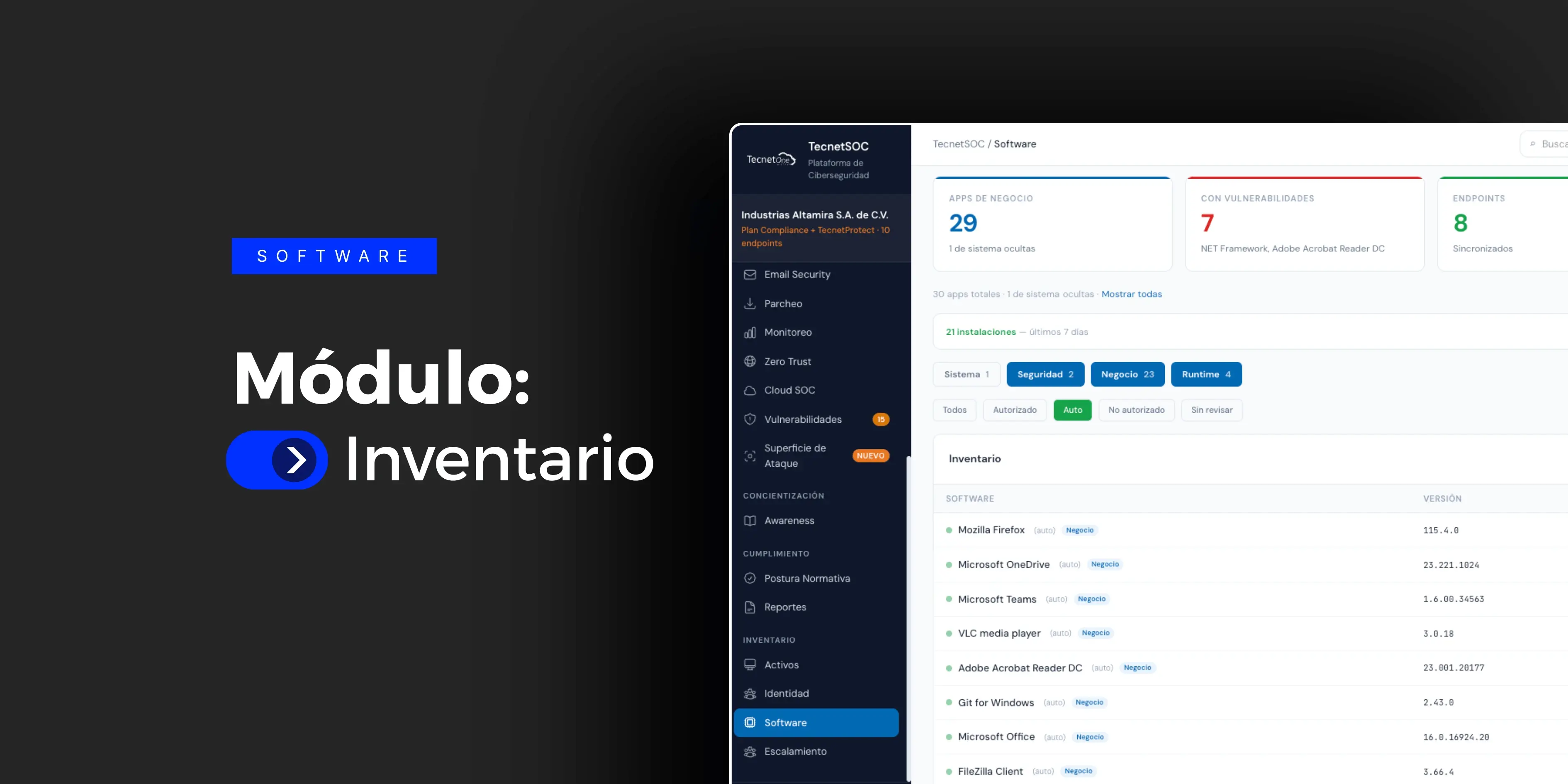 Módulo de Software de TecnetSOC | Inventario y Control de Aplicaciones